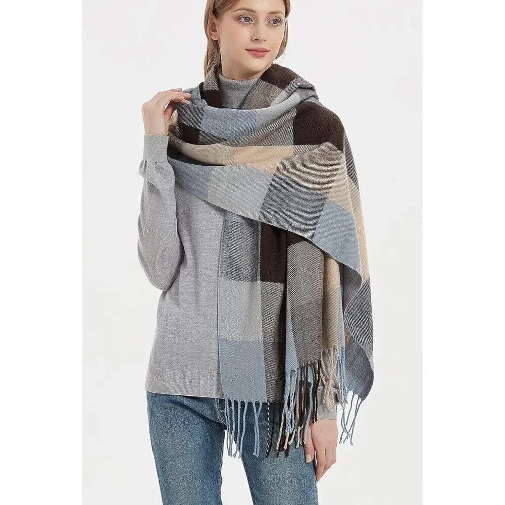 Women's Blue Brown Fashion Long Shawl Big Grid Winter Warm Lattice Large Scarfs